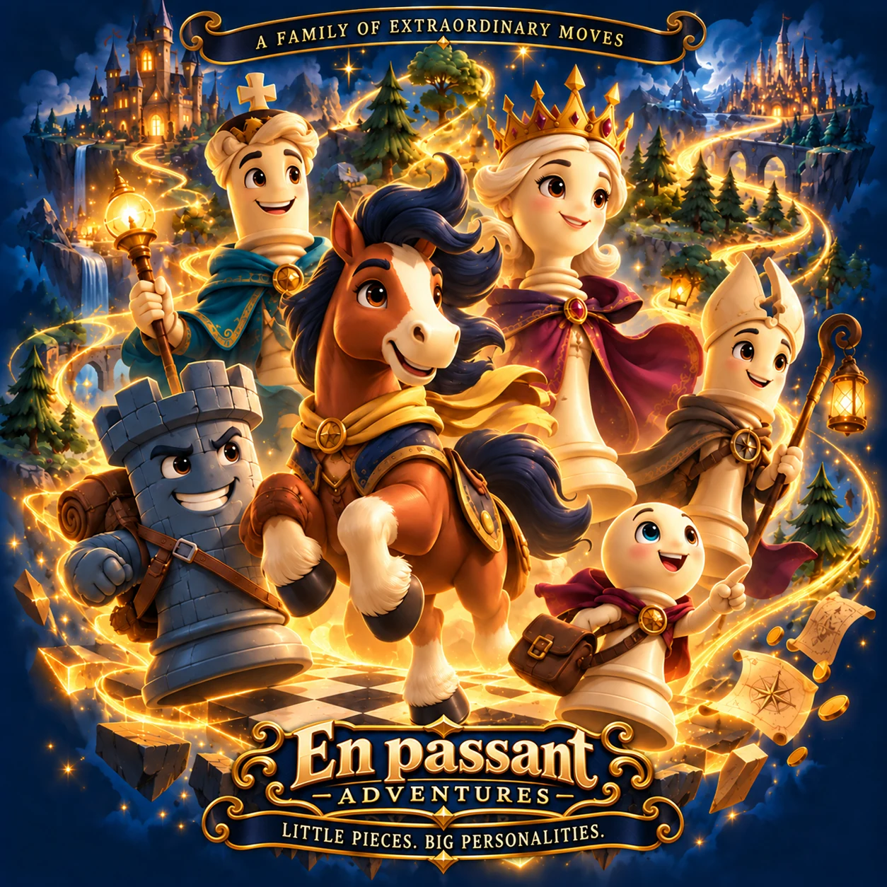 En passant Adventures. A family of extraordinary moves. A brave pony knight, smiling queen and king, determined rook, explorer bishop and curious pawn burst from a magical chessboard into a world of castles, lanterns and golden trails.